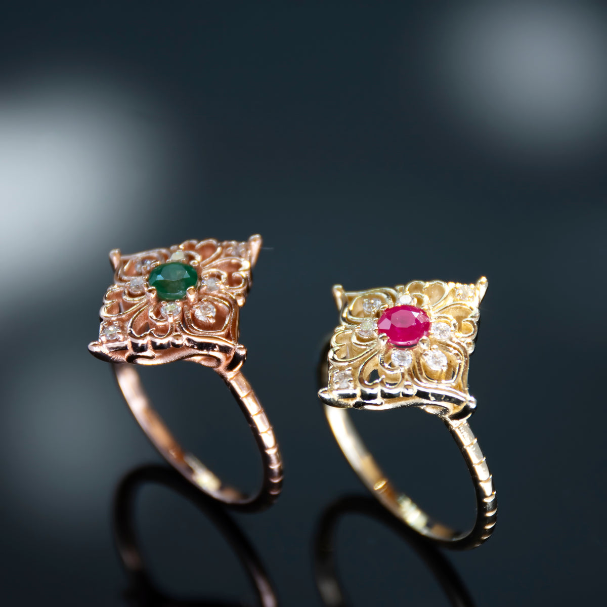 RG1945-1 Filigree Yellow Gold Ring with Ruby and Diamond Cluster, Vintage Gold Ring, Ruby and Diamonds Gold Ring