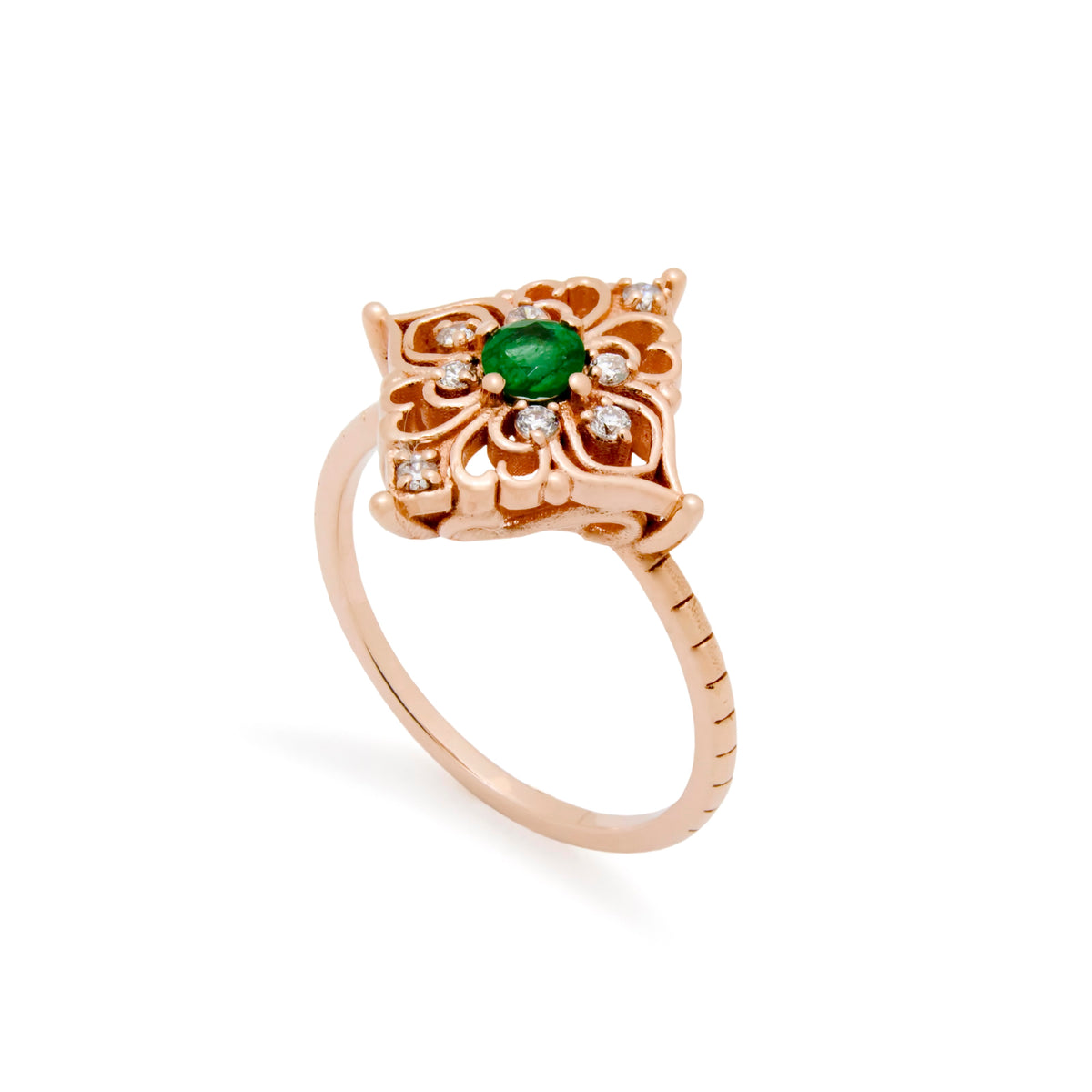 RG1945 Filigree Rose Gold Ring with Emerald and Diamond Cluster, Vintage Gold Ring, Emerald and Diamonds Gold Ring