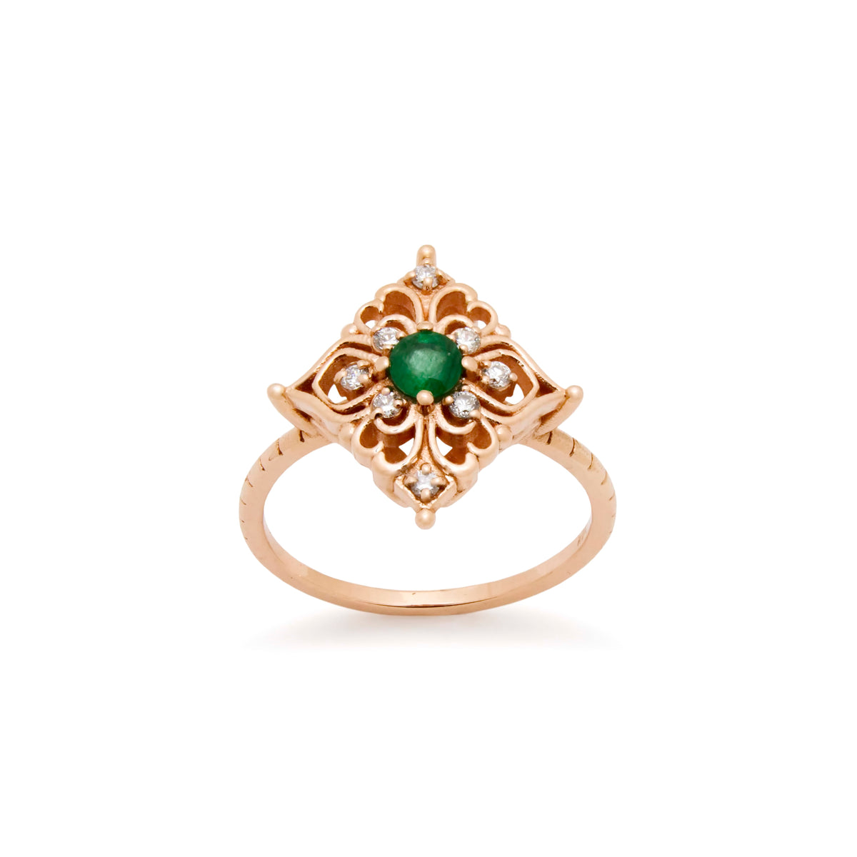 RG1945 Filigree Rose Gold Ring with Emerald and Diamond Cluster, Vintage Gold Ring, Emerald and Diamonds Gold Ring