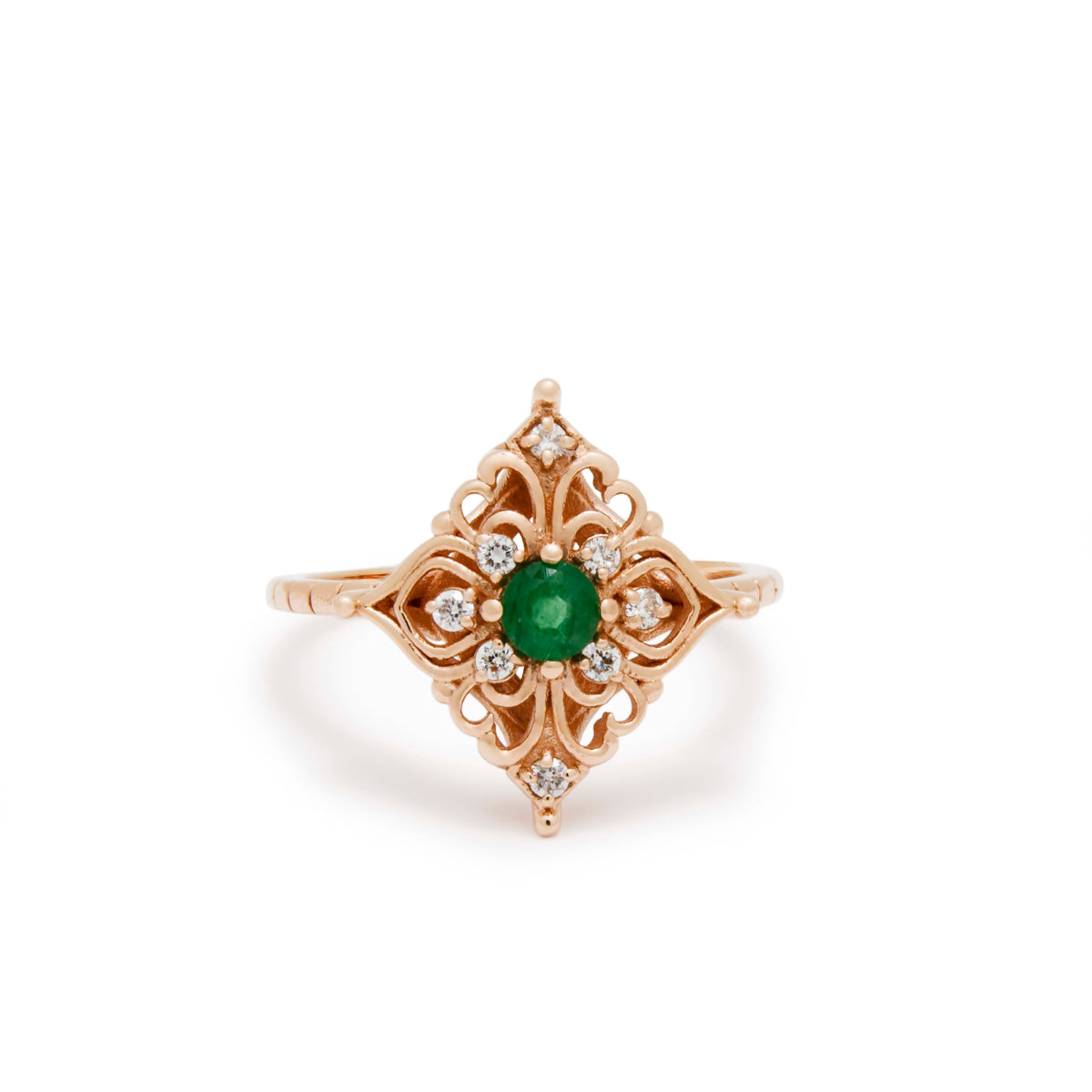 RG1945 Filigree Rose Gold Ring with Emerald and Diamond Cluster, Vintage Gold Ring, Emerald and Diamonds Gold Ring