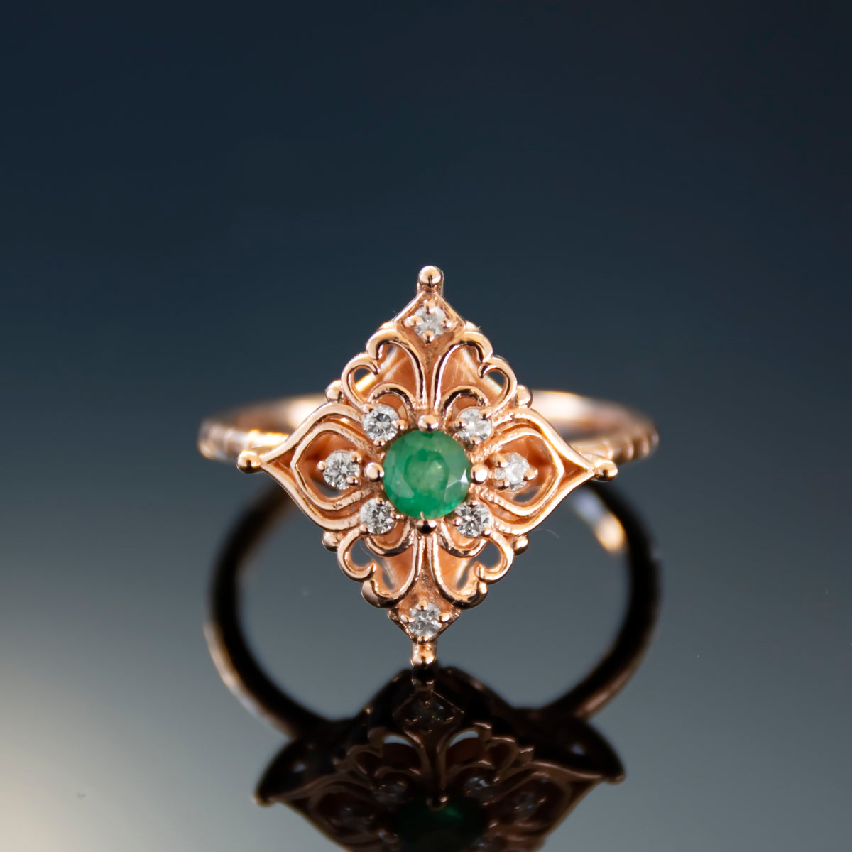 RG1945 Filigree Rose Gold Ring with Emerald and Diamond Cluster, Vintage Gold Ring, Emerald and Diamonds Gold Ring