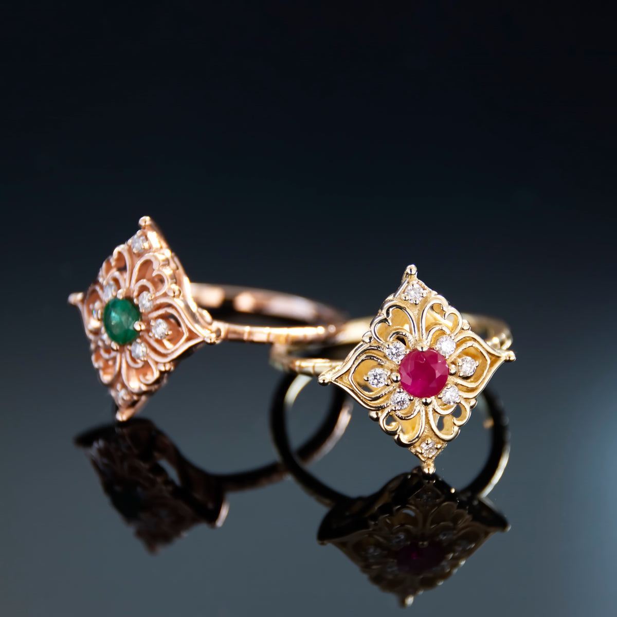 RG1945 Filigree Rose Gold Ring with Emerald and Diamond Cluster, Vintage Gold Ring, Emerald and Diamonds Gold Ring