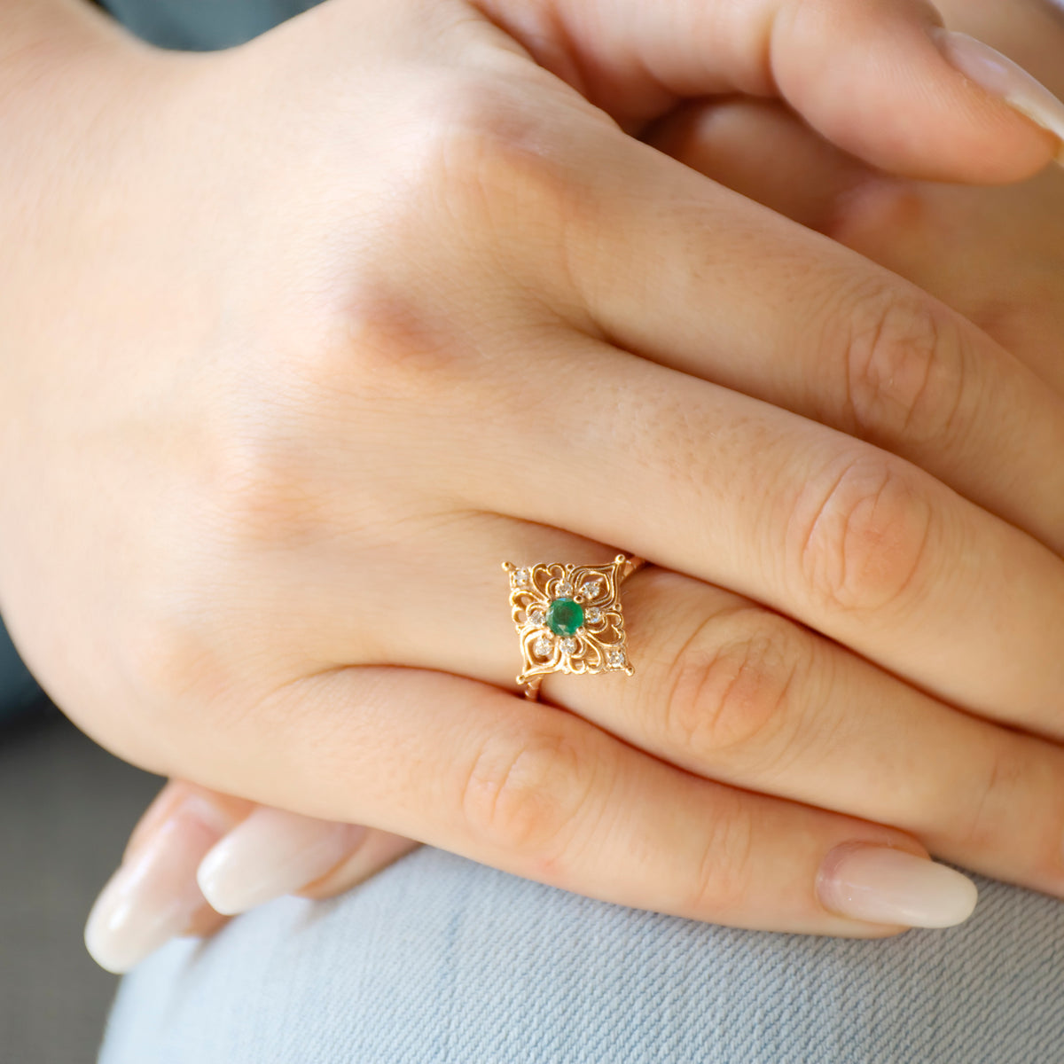 RG1945 Filigree Rose Gold Ring with Emerald and Diamond Cluster, Vintage Gold Ring, Emerald and Diamonds Gold Ring