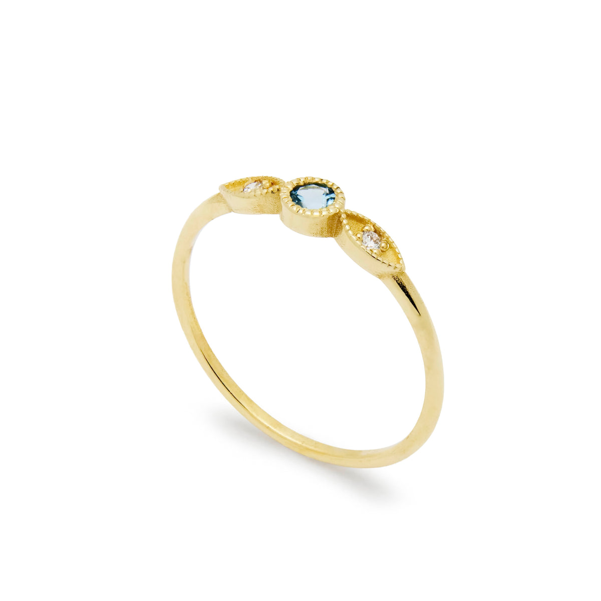 RG1948 Elegant 14K Gold Ring with Blue Topaz Centerpiece and Sparkling Diamond Accents in a Delicate Leaf