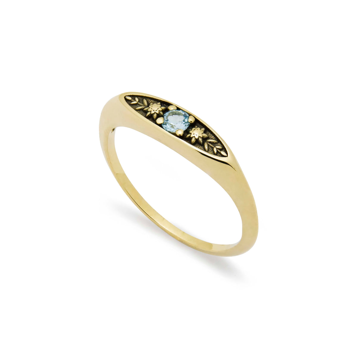 RG1949 Elegant 14K Gold Vintage-Inspired Ring with Blue Topaz and Intricate Floral Engravings