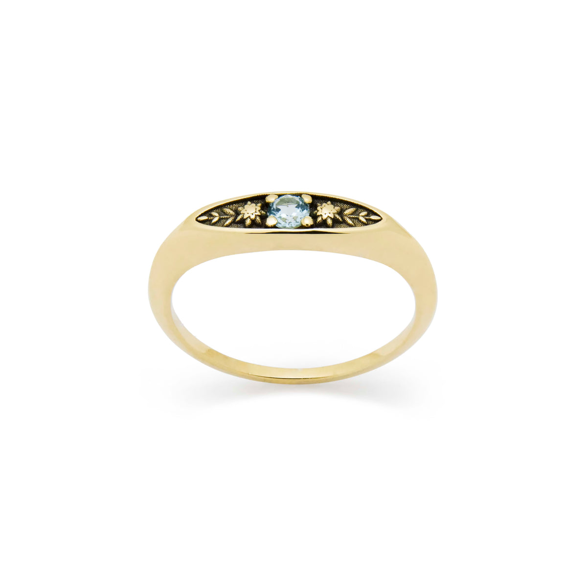 RG1949 Elegant 14K Gold Vintage-Inspired Ring with Blue Topaz and Intricate Floral Engravings