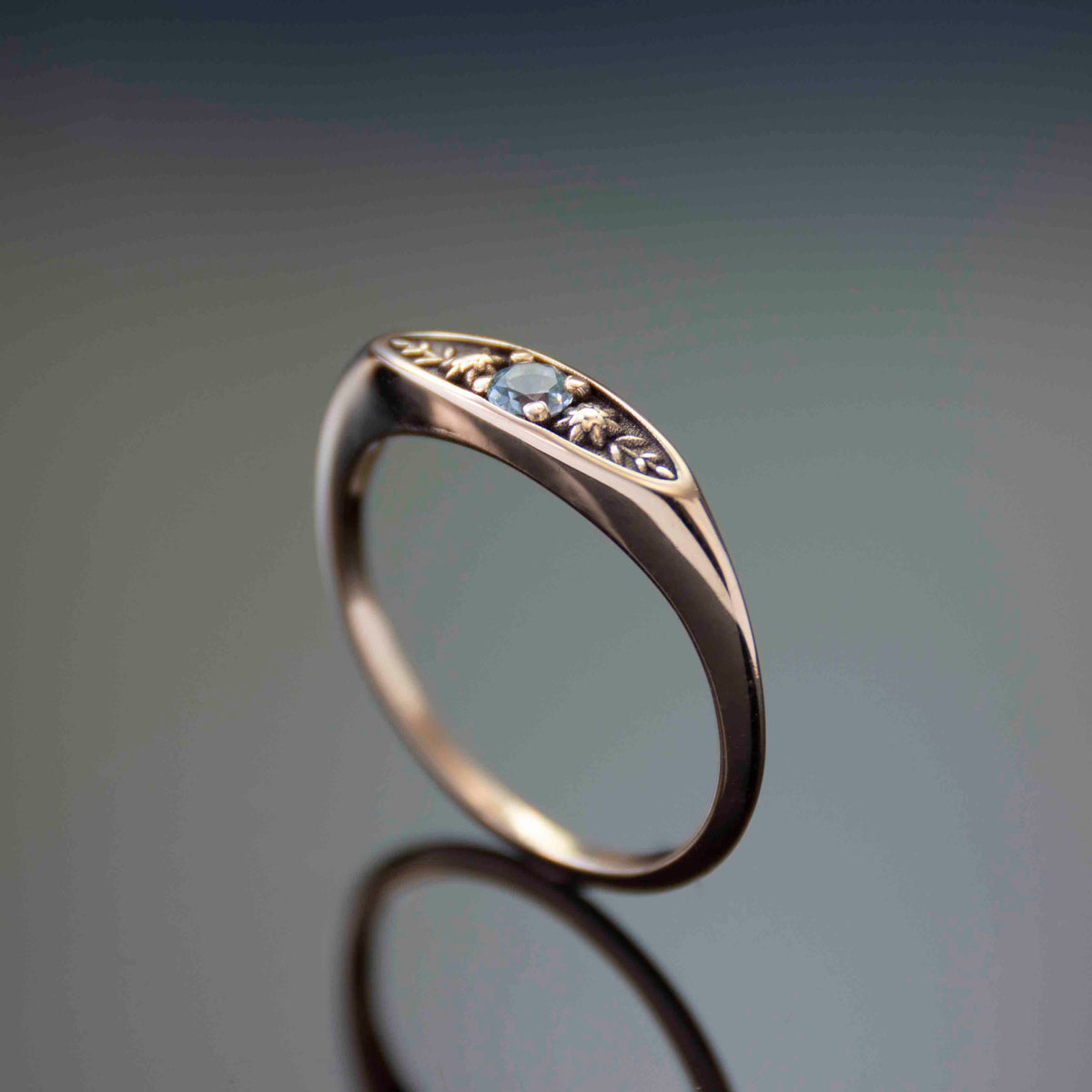 RG1949 Elegant 14K Gold Vintage-Inspired Ring with Blue Topaz and Intricate Floral Engravings