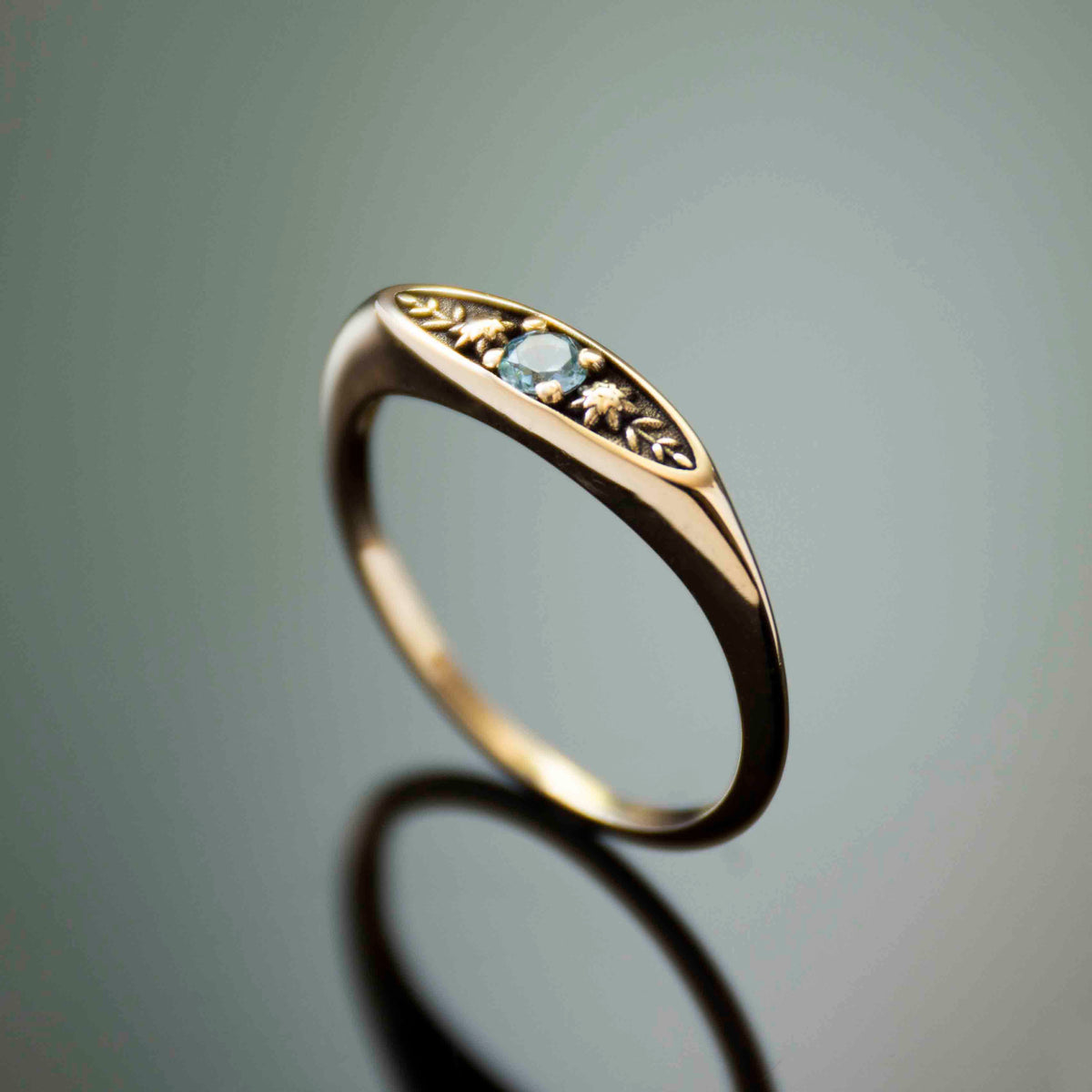 RG1949 Elegant 14K Gold Vintage-Inspired Ring with Blue Topaz and Intricate Floral Engravings