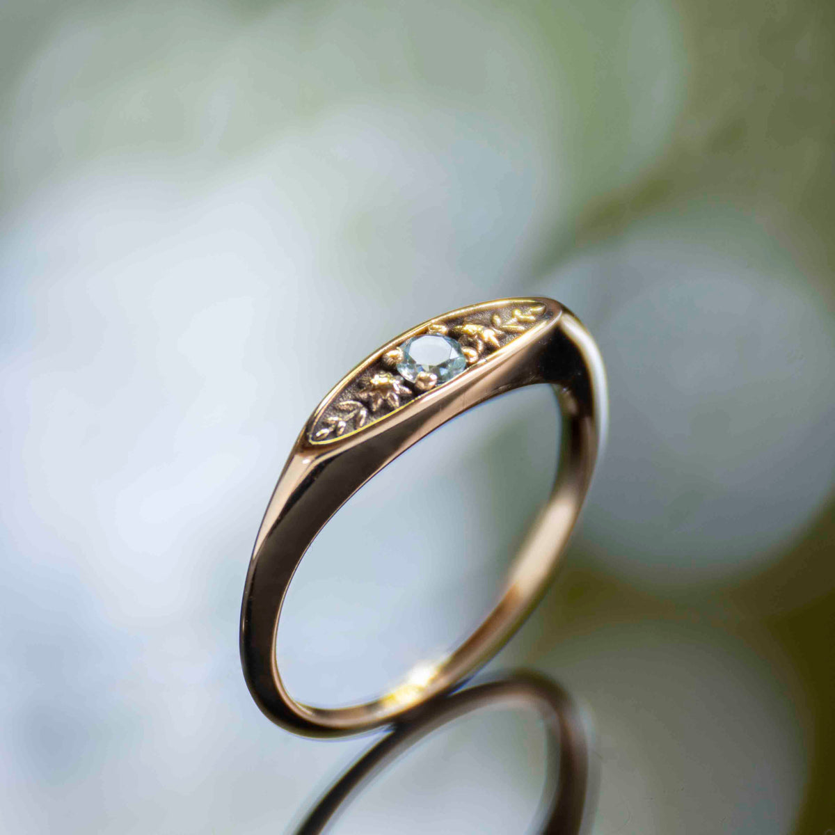 RG1949 Elegant 14K Gold Vintage-Inspired Ring with Blue Topaz and Intricate Floral Engravings