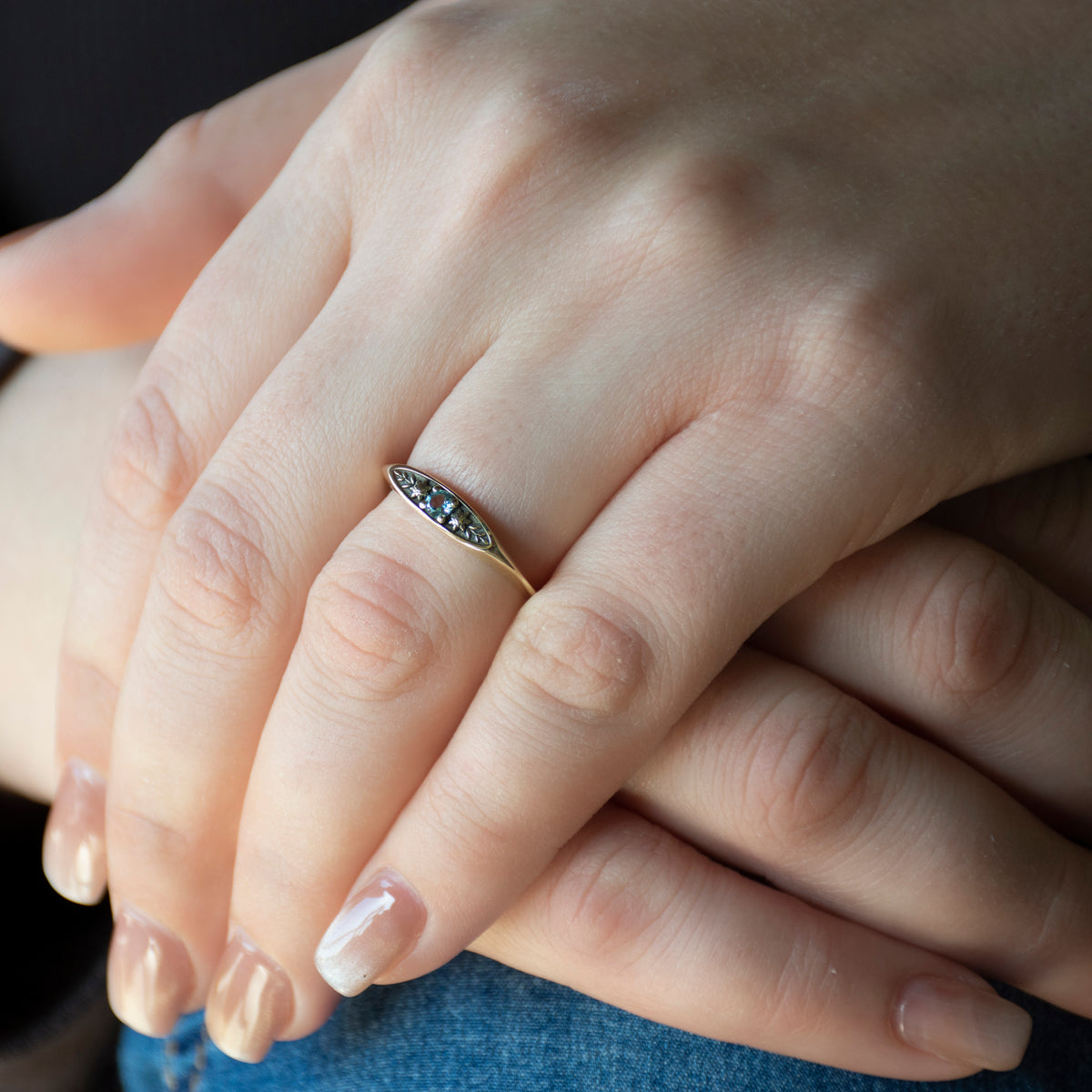 RG1949 Elegant 14K Gold Vintage-Inspired Ring with Blue Topaz and Intricate Floral Engravings