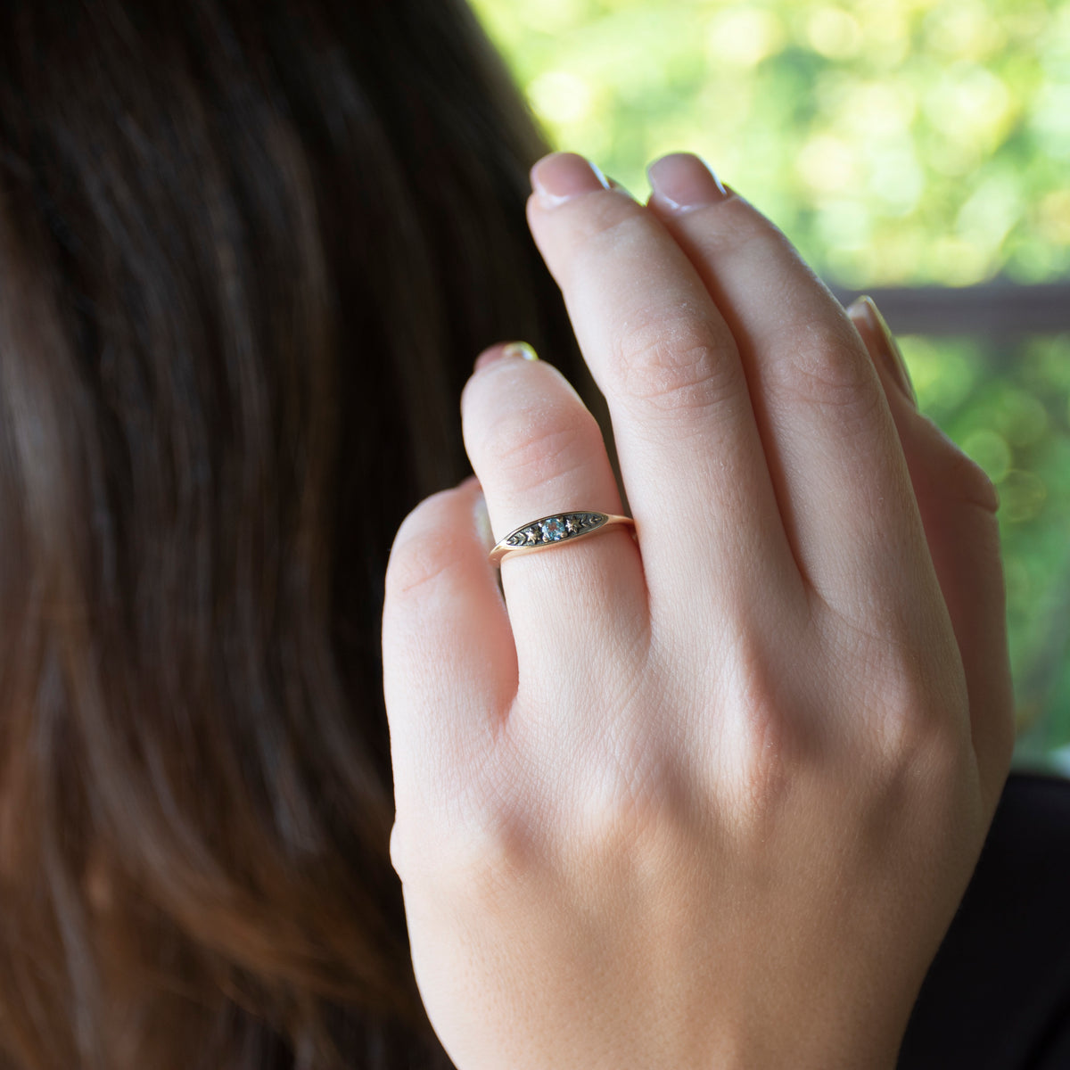 RG1949 Elegant 14K Gold Vintage-Inspired Ring with Blue Topaz and Intricate Floral Engravings