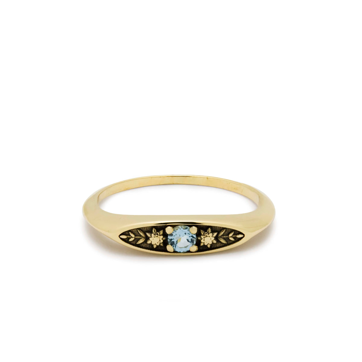 RG1949 Elegant 14K Gold Vintage-Inspired Ring with Blue Topaz and Intricate Floral Engravings