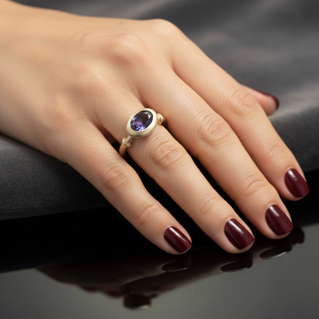 RG1970-1 Modern Oval Iolite Bezel Ring in 14k Matte Gold