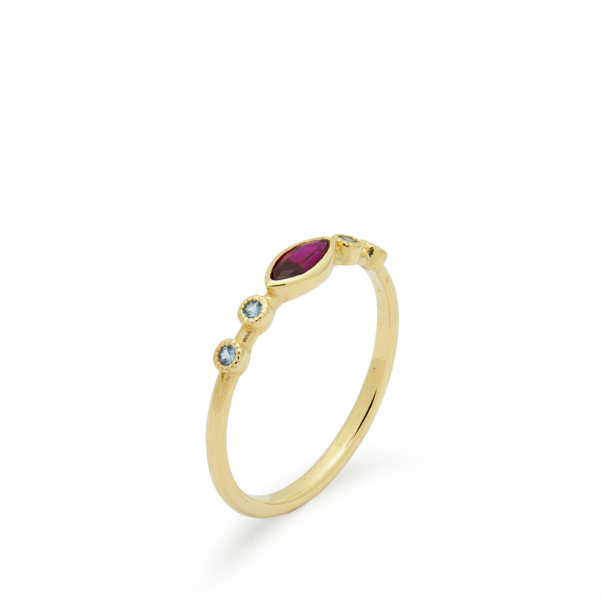 RG1901-1 Dainty Gold Ring with Marquise Ruby and Blue Topaz