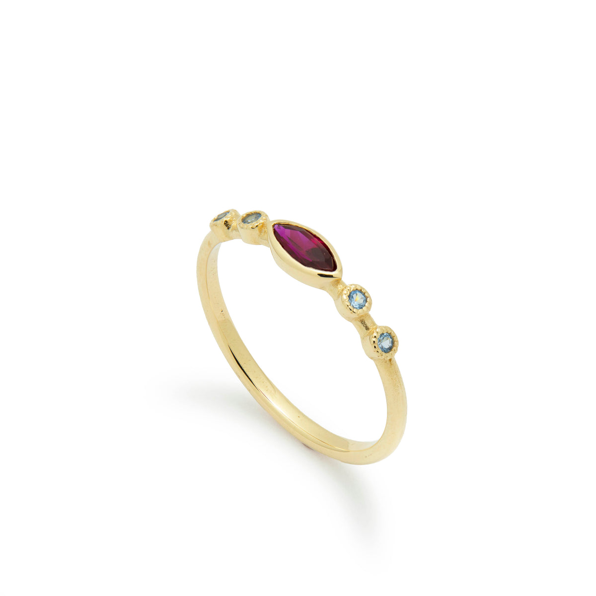 RG1901-1 Dainty Gold Ring with Marquise Ruby and Blue Topaz