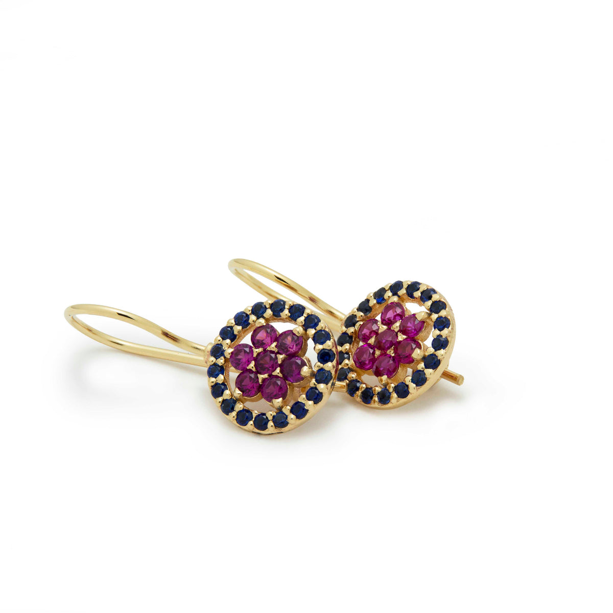 EG2246-1 Gold Drop Earrings with Ruby flower and surrounded by Sapphires