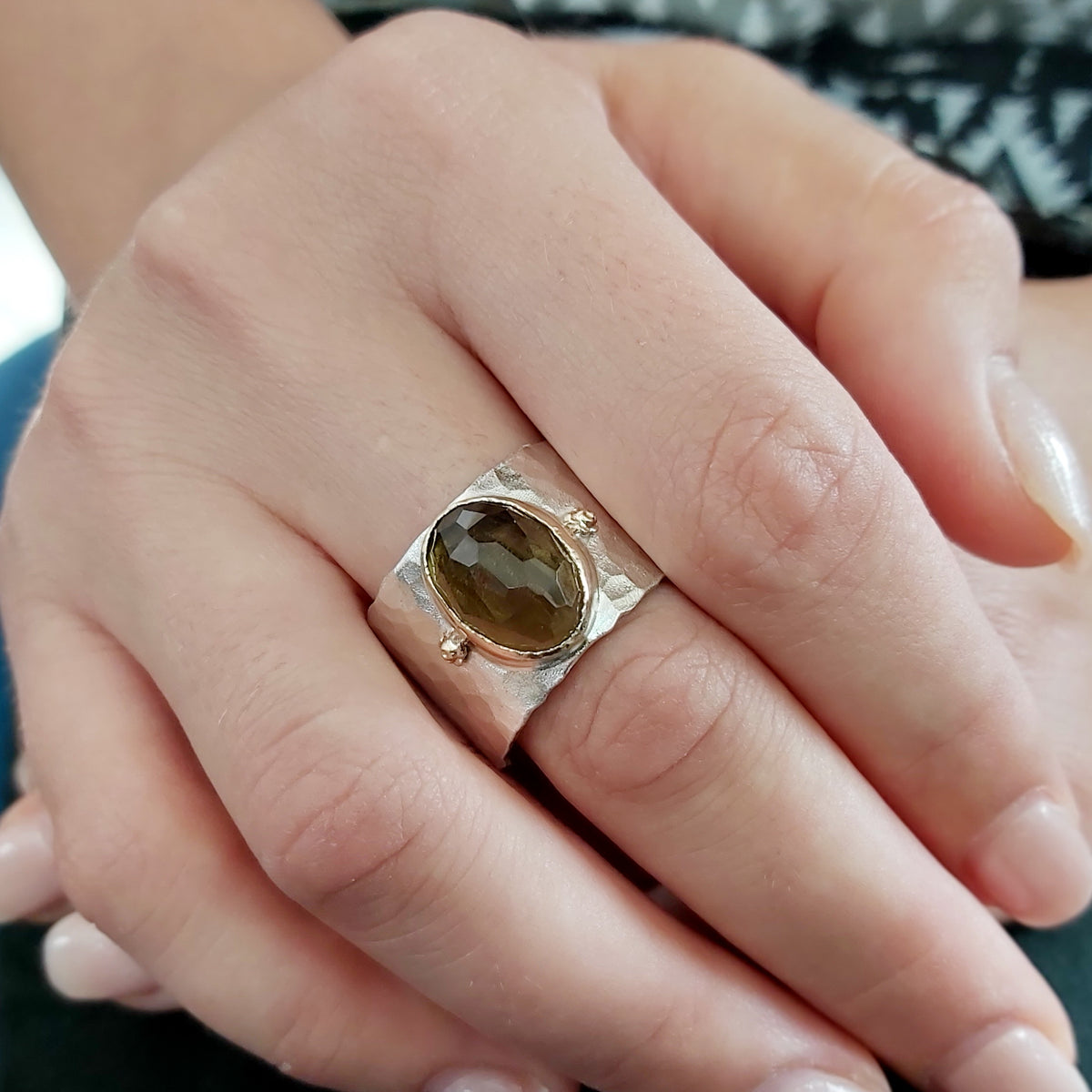 R1026P-1 Matte Silver and Smokey Quartz Wide ring