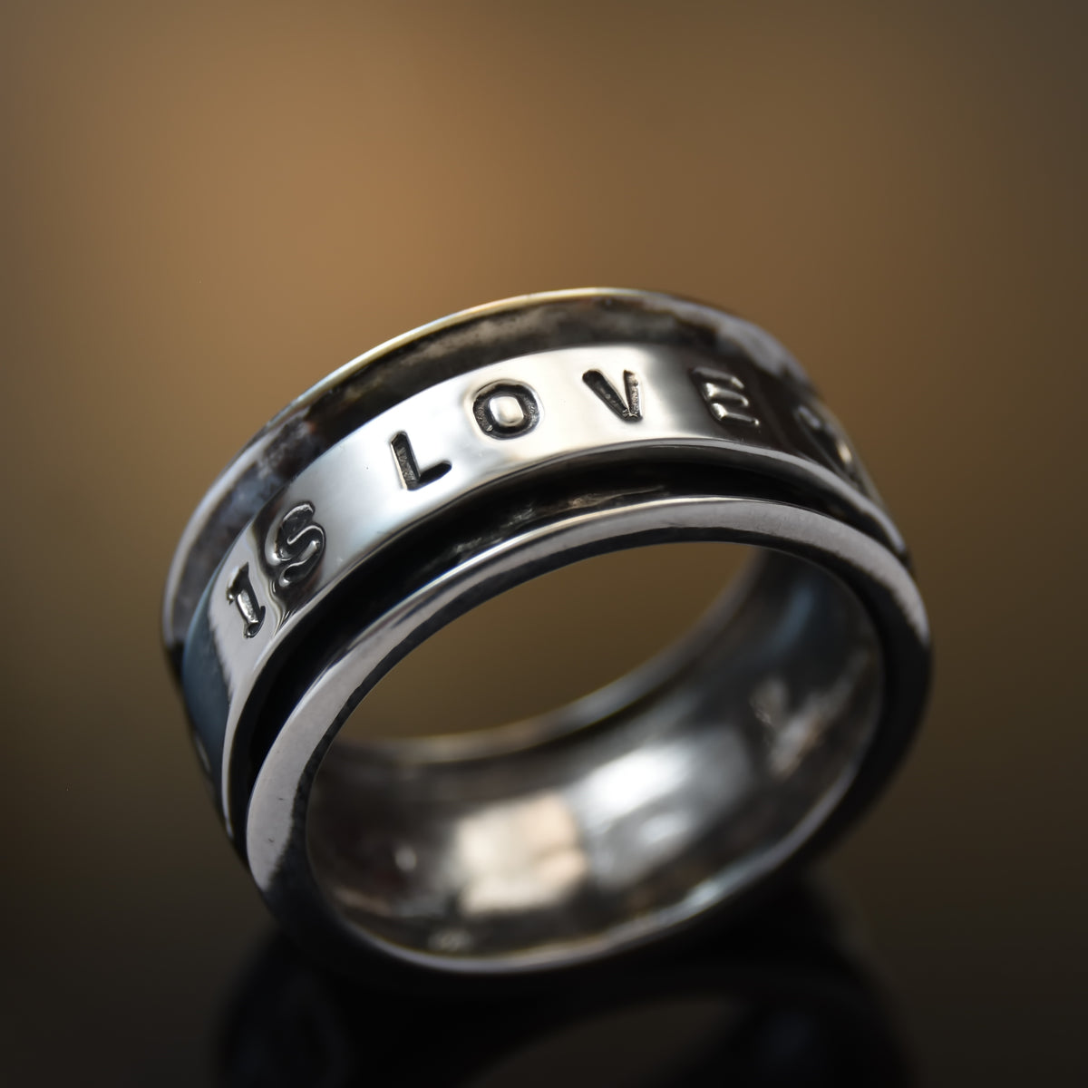 R1012R Personalized Rustic Spinner ring with hand stamp statement