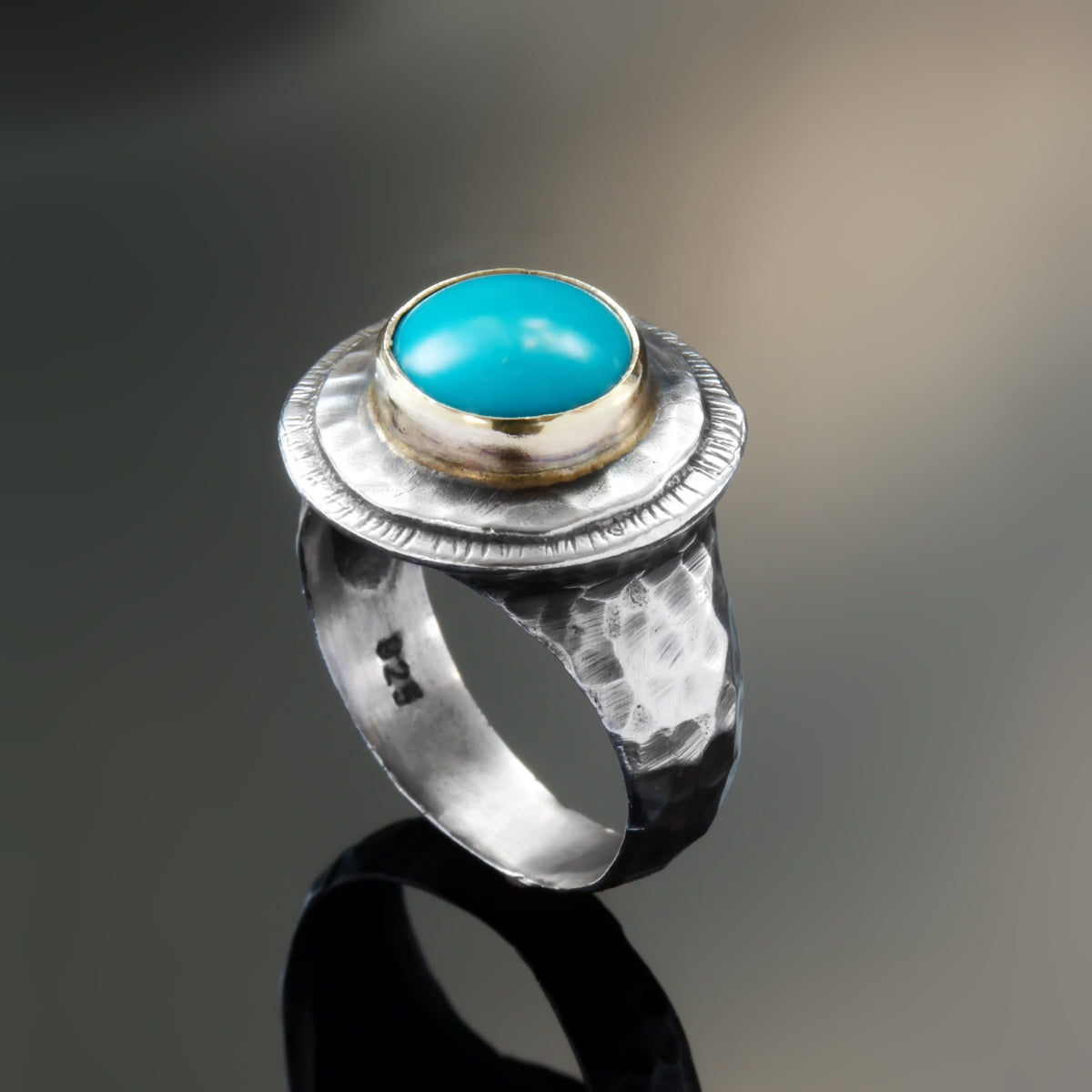 R1432 Rustic Two Tone ring with Turquoise