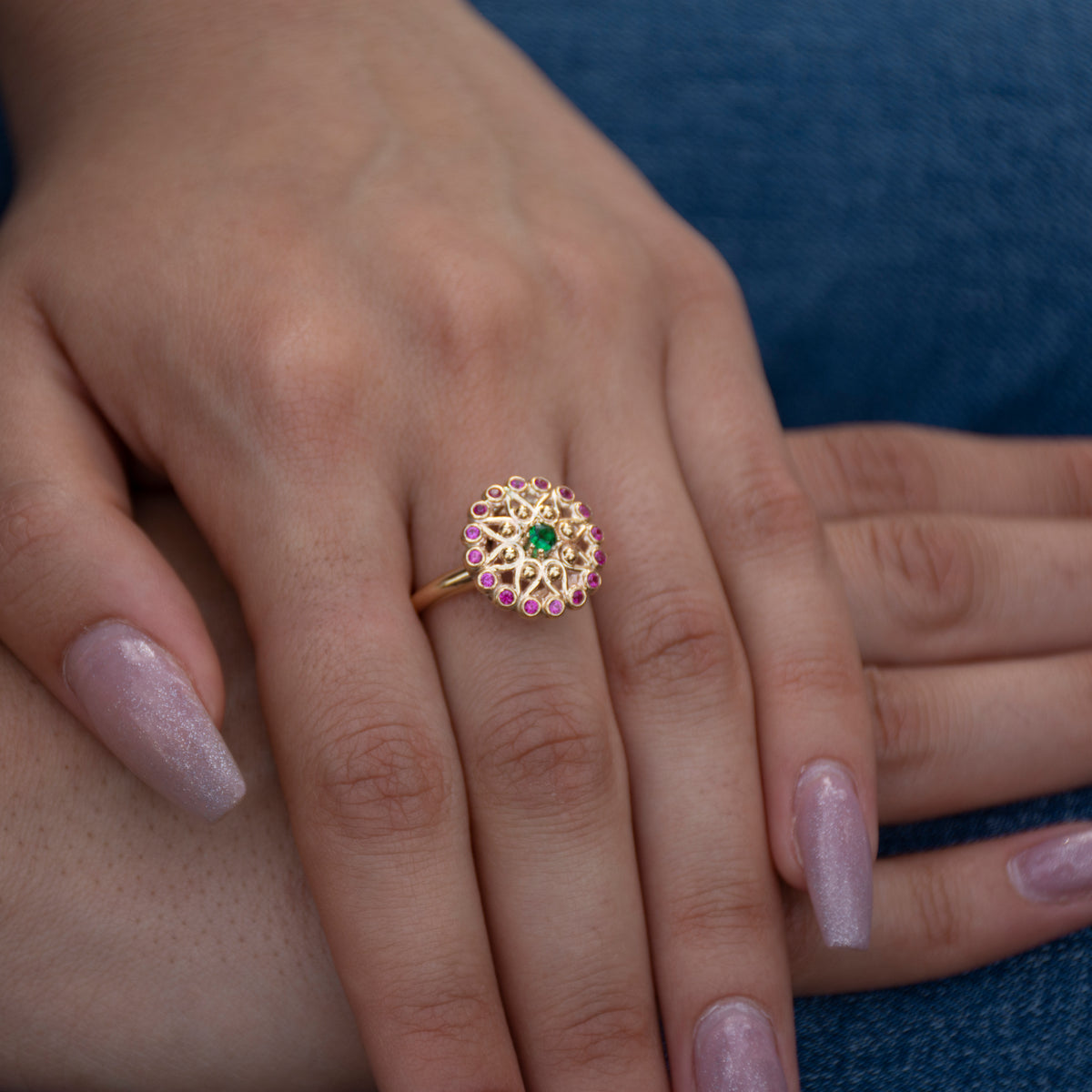 RG1883 Gold Estate Ring with Ruby and Emerald