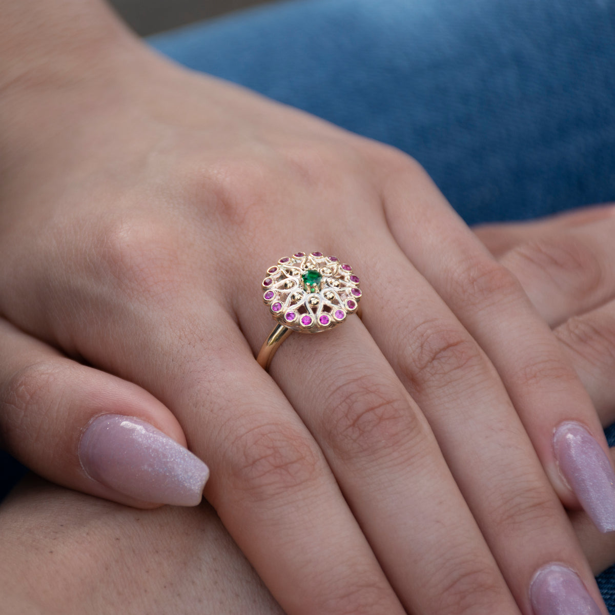 RG1883 Gold Estate Ring with Ruby and Emerald