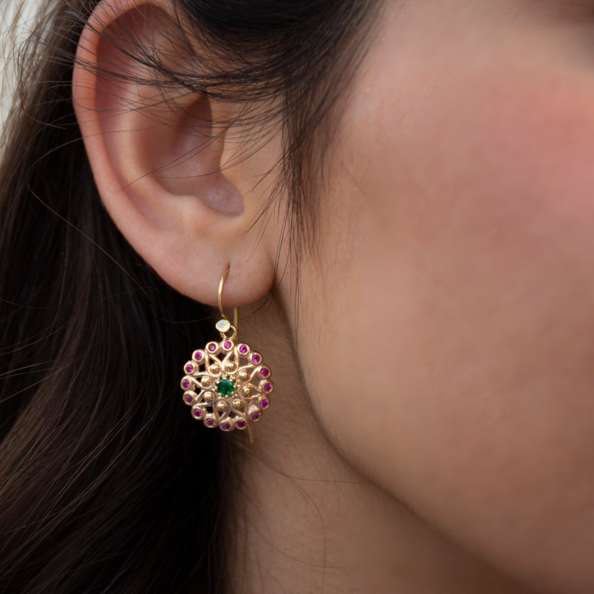 EG2243 Gold Flower Earrings with Emerald and Ruby