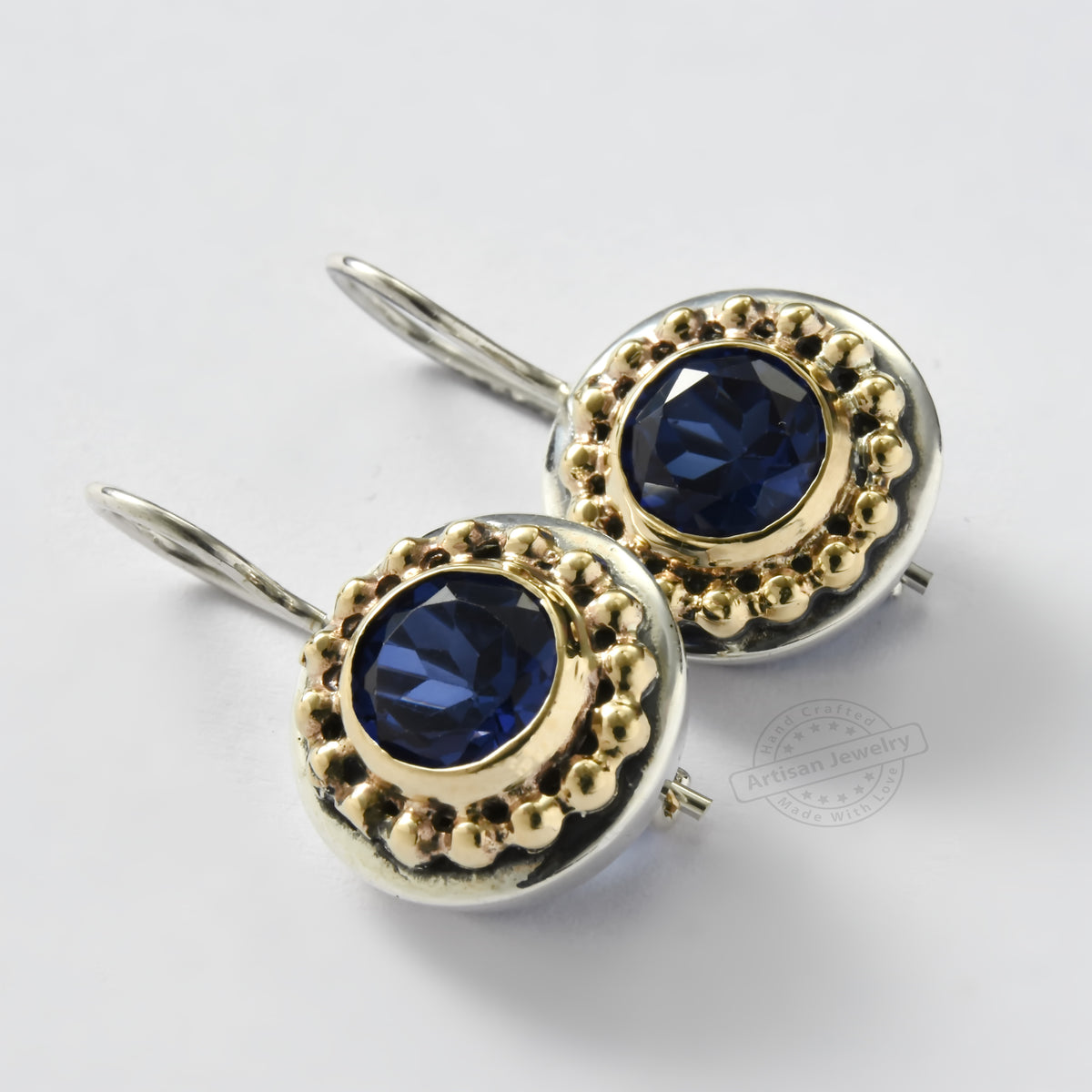 R1137+  Sapphire Jewelry Set of Oval two tone ring and drop earrings