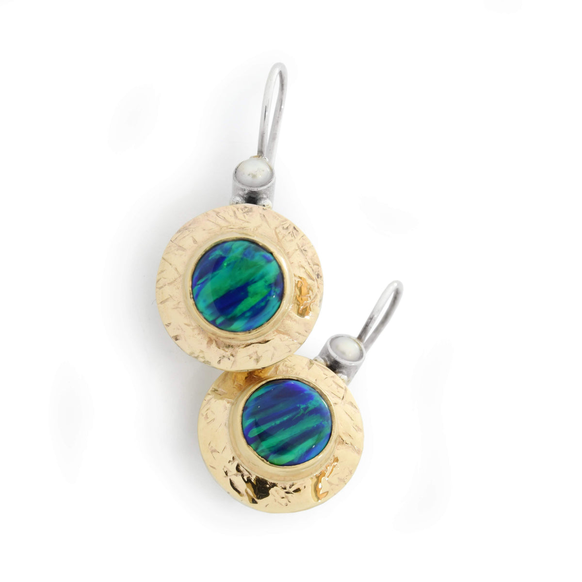 E0361BG Textured Gold and Silver Earrings with Blue Opal and Pearls