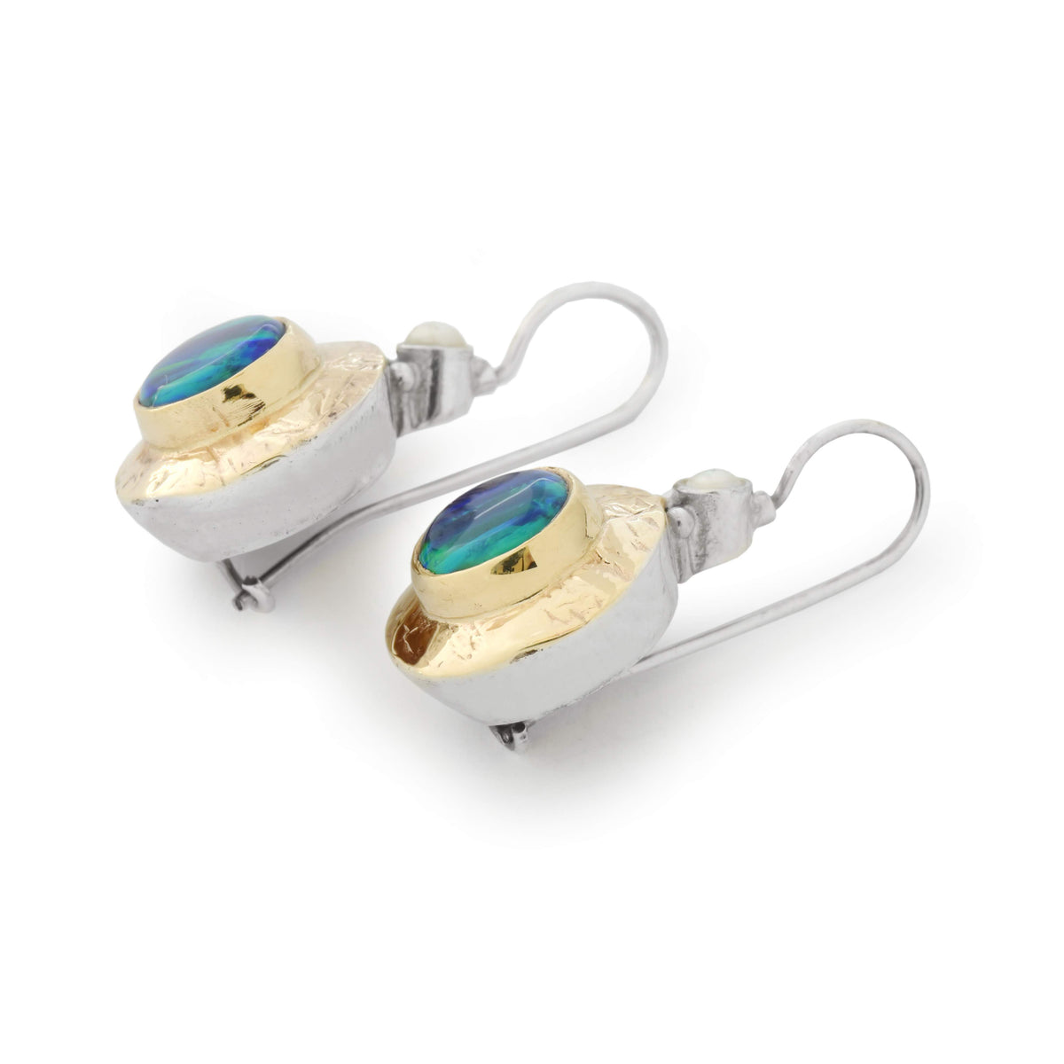 E0361BG Textured Gold and Silver Earrings with Blue Opal and Pearls