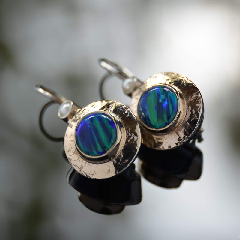 E0361BG Textured Gold and Silver Earrings with Blue Opal and Pearls