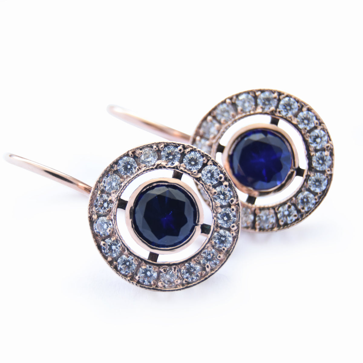 EG2219-1 Gold Drop Earrings with Blue Sapphire and Clear Zircons