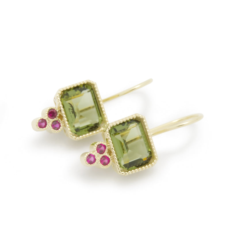 EG2221-1 Gold Square Drop Earrings with Green Spinel and Ruby