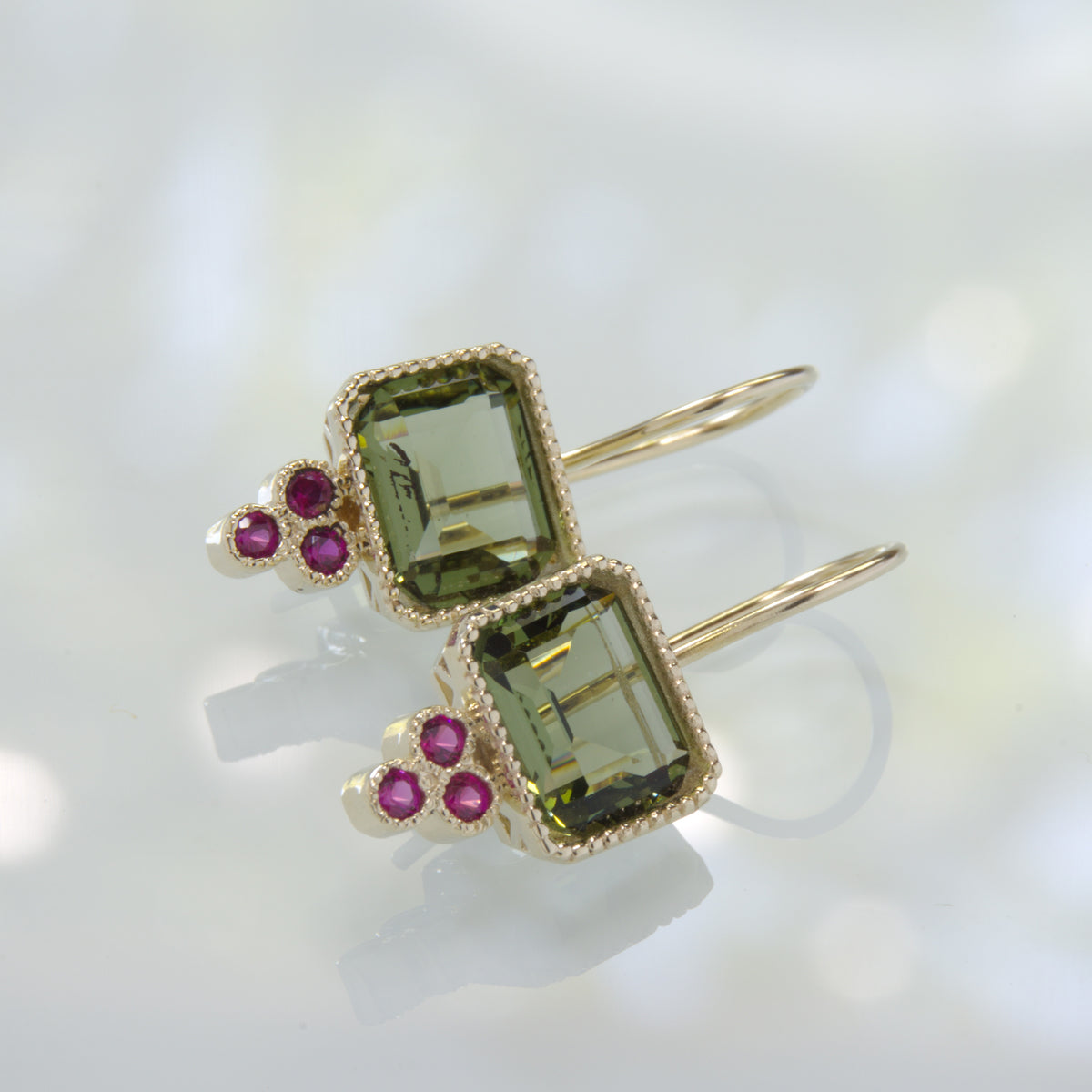 EG2221-1 Gold Square Drop Earrings with Green Spinel and Ruby