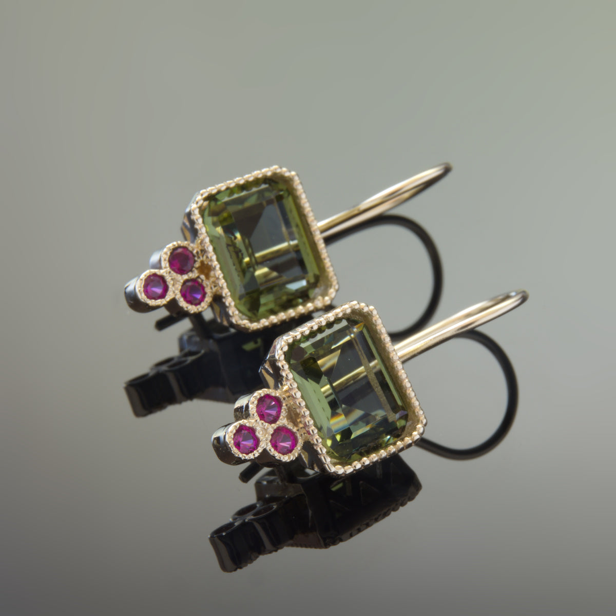 EG2221-1 Gold Square Drop Earrings with Green Spinel and Ruby