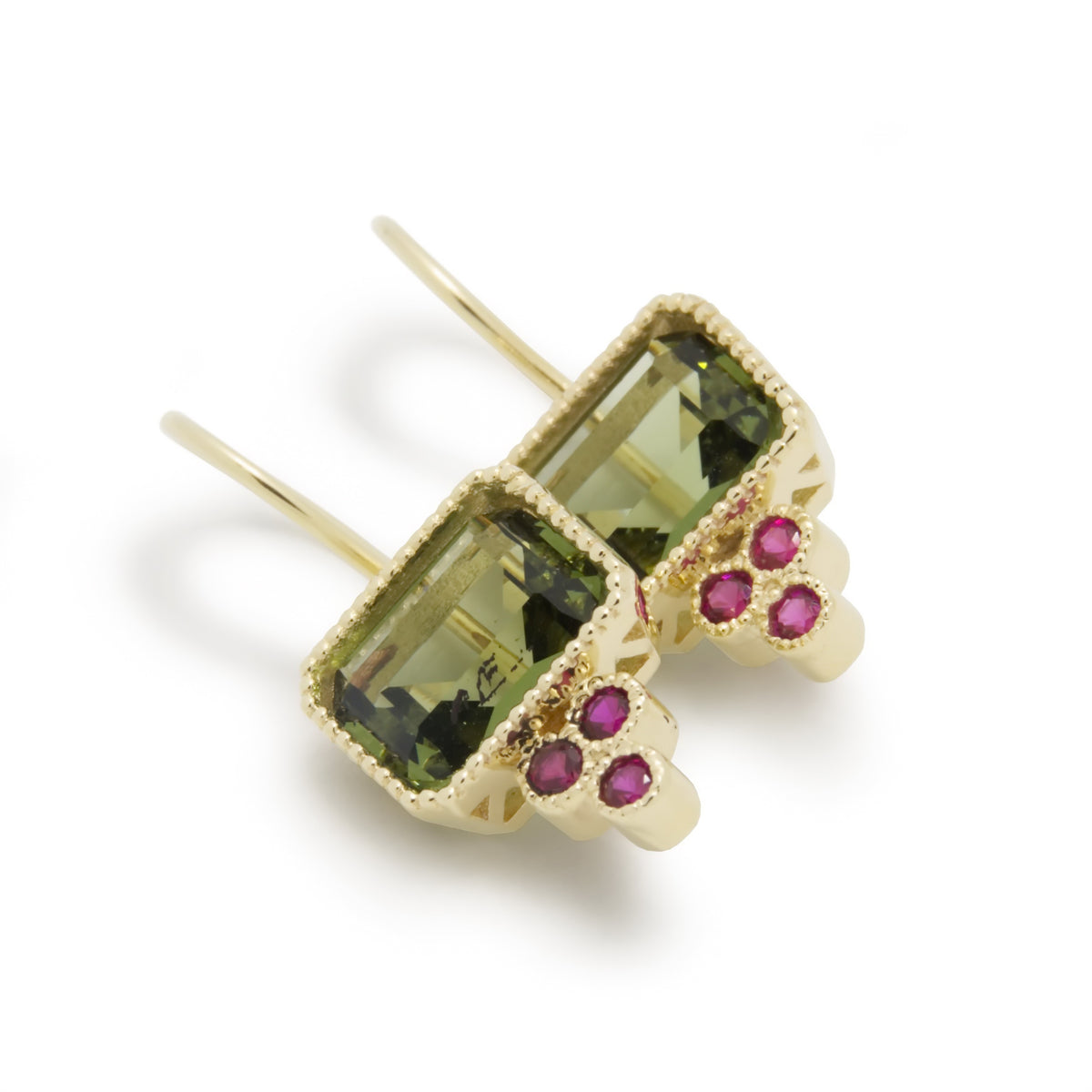 EG2221-1 Gold Square Drop Earrings with Green Spinel and Ruby