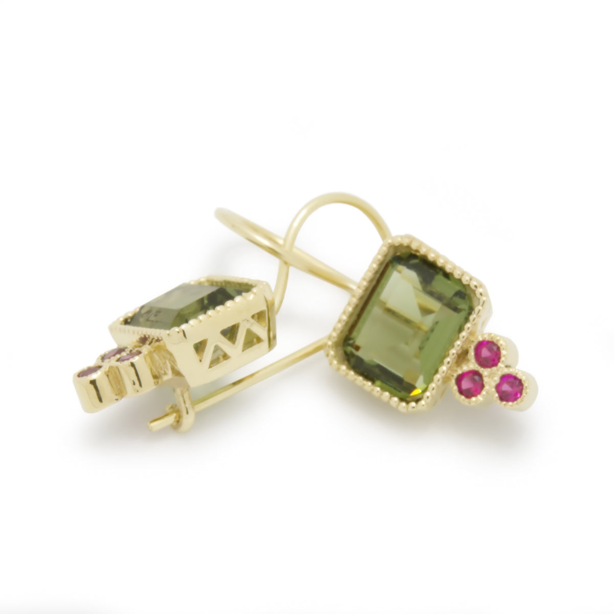 EG2221-1 Gold Square Drop Earrings with Green Spinel and Ruby