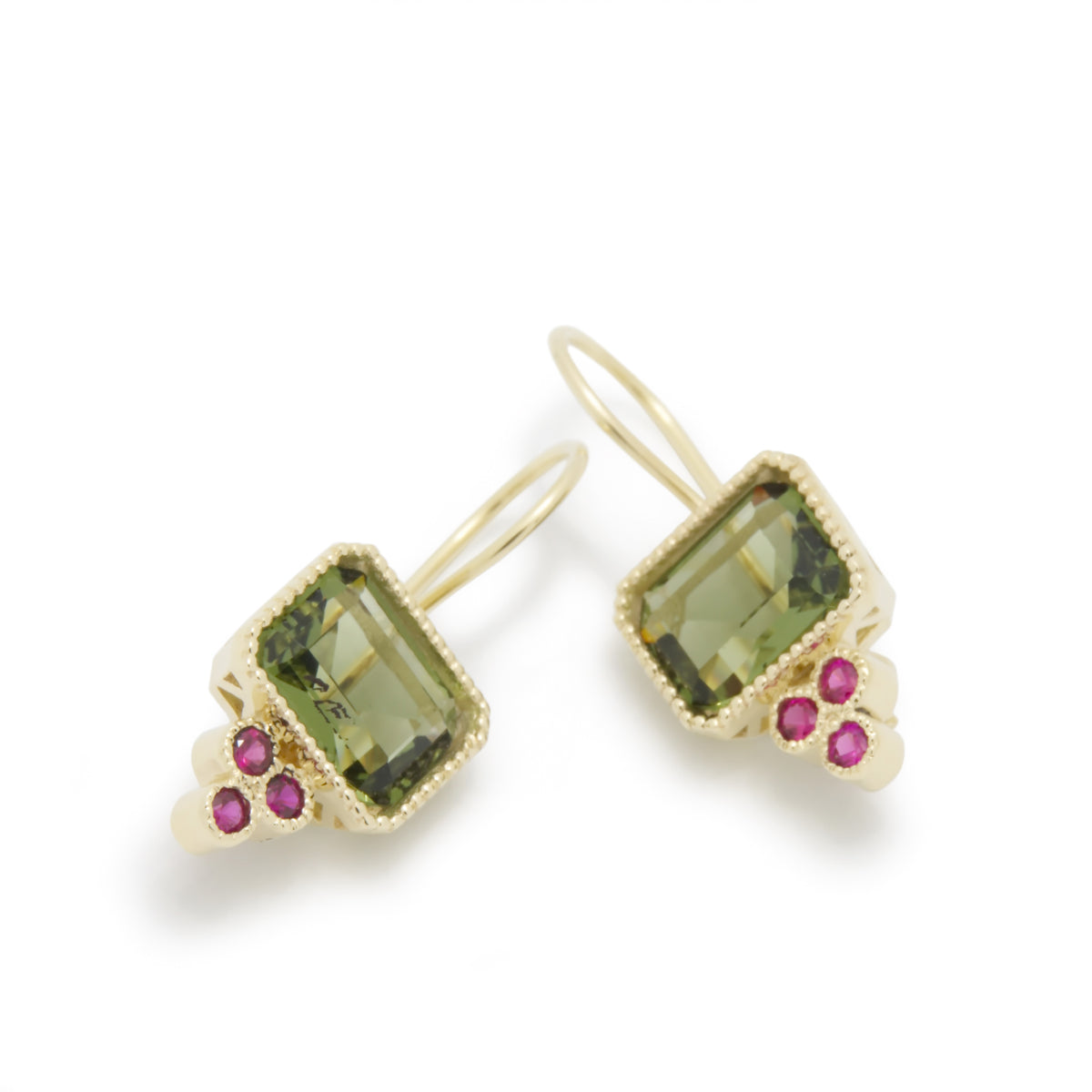 EG2221-1 Gold Square Drop Earrings with Green Spinel and Ruby