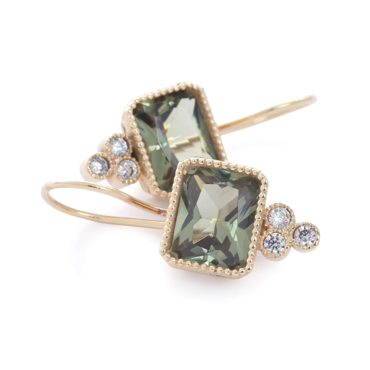 EG2221 Gold Square Drop Earrings with Green Spinel