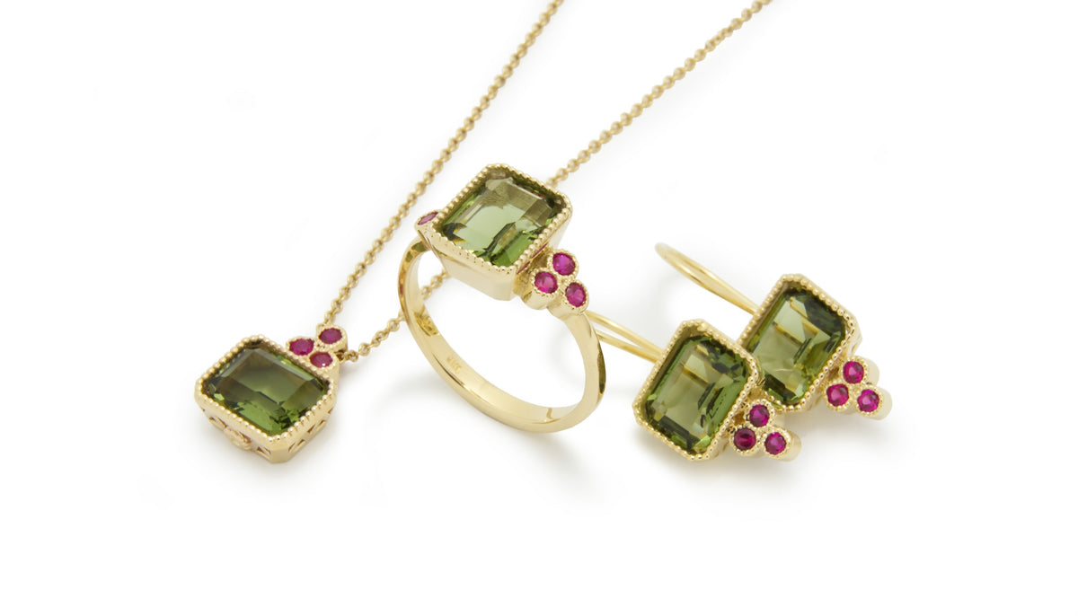 EG2221-1 Gold Square Drop Earrings with Green Spinel and Ruby