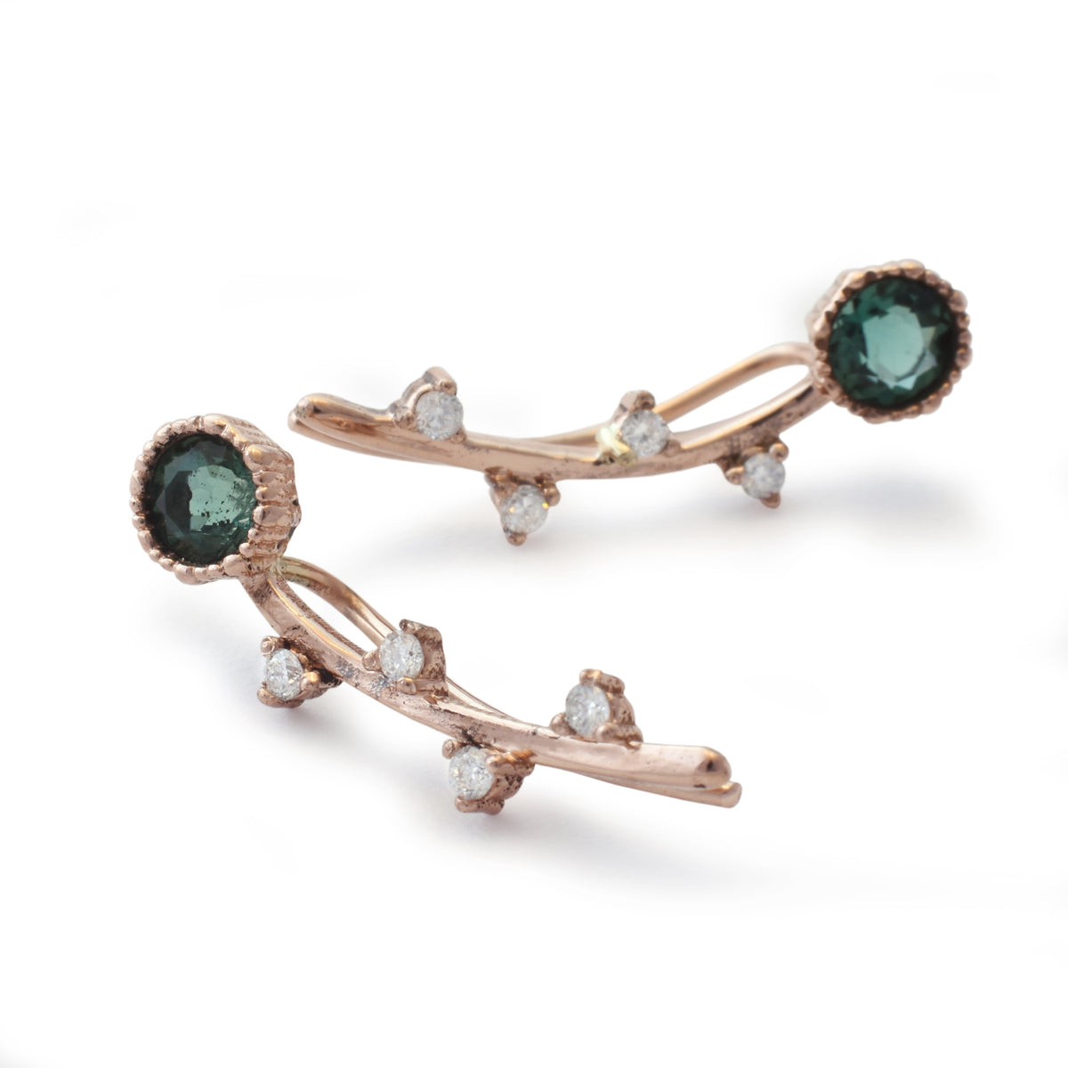 EG2222-1 Rose Gold Climbers earrings with Green Spinel and Diamonds