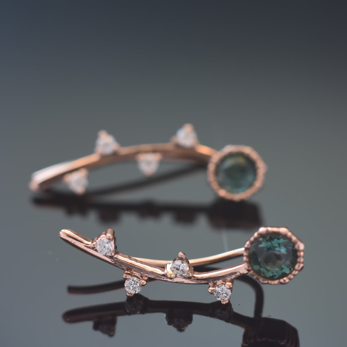 EG2222-1 Rose Gold Climbers earrings with Green Spinel and Diamonds