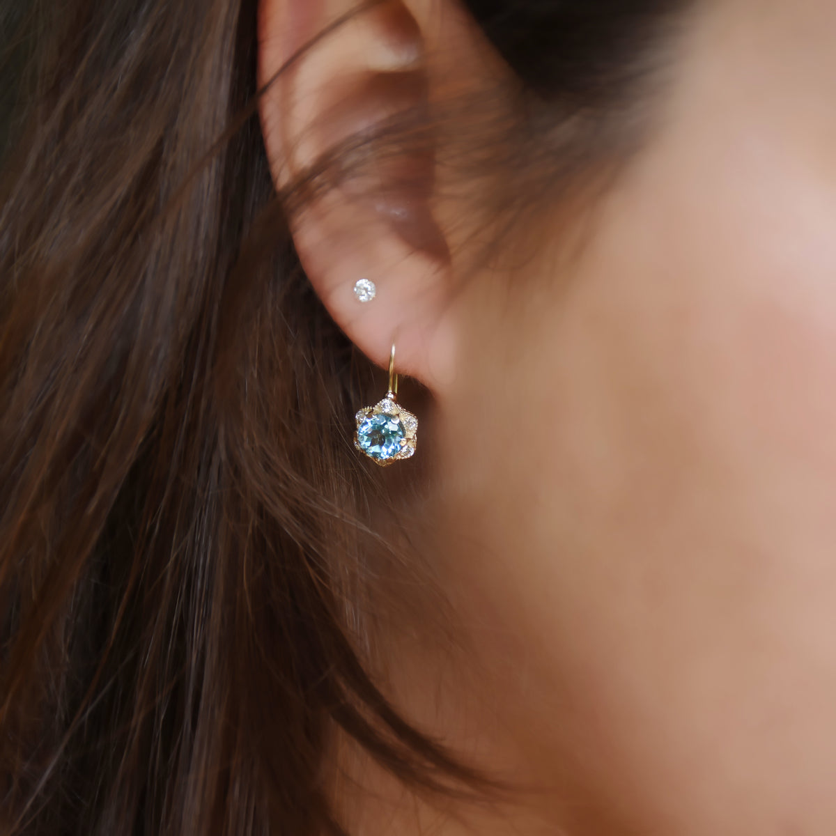 EG2228 Gold Flower Earrings with Blue Topaz