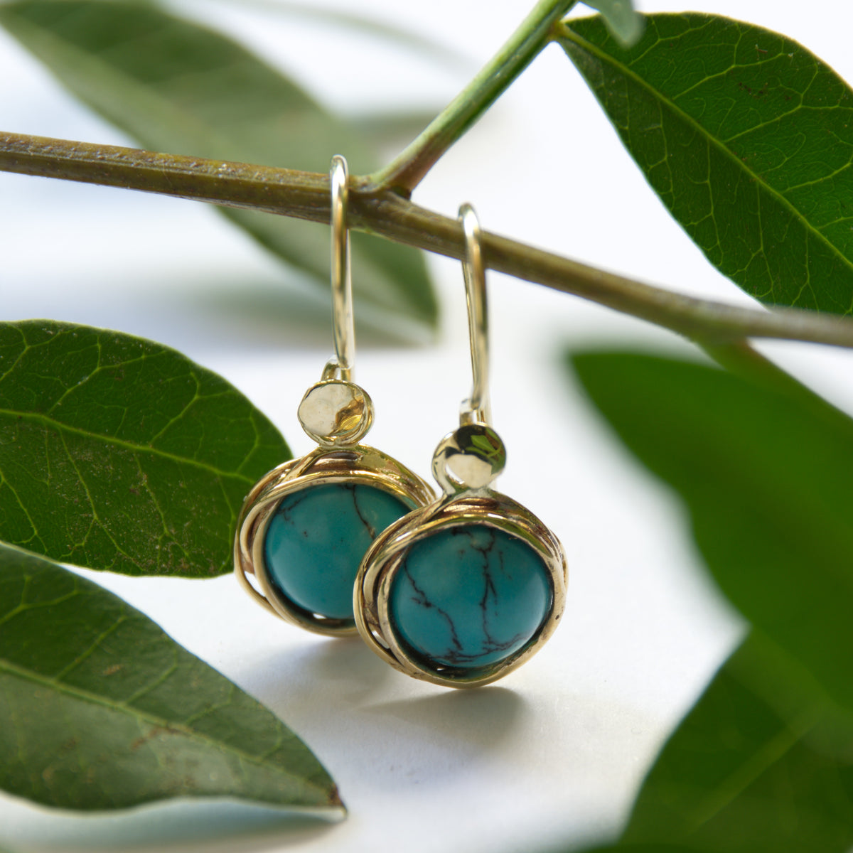 EG2232 Gold Wrap dangle earrings with Round Turquoise