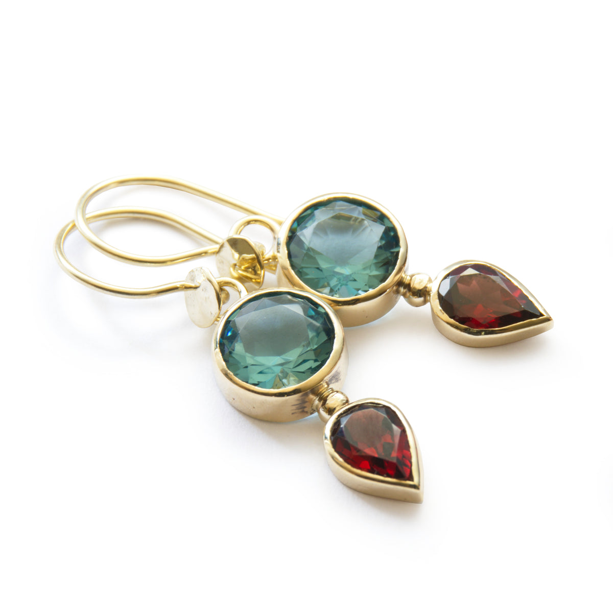 EG2233 Gold drop earrings with Blue Topaz and Garnet