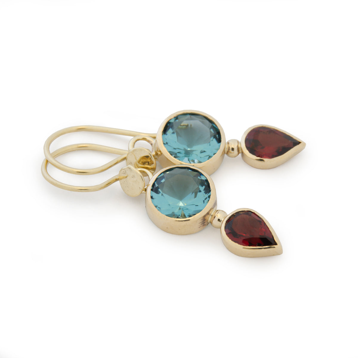 EG2233 Gold drop earrings with Blue Topaz and Garnet