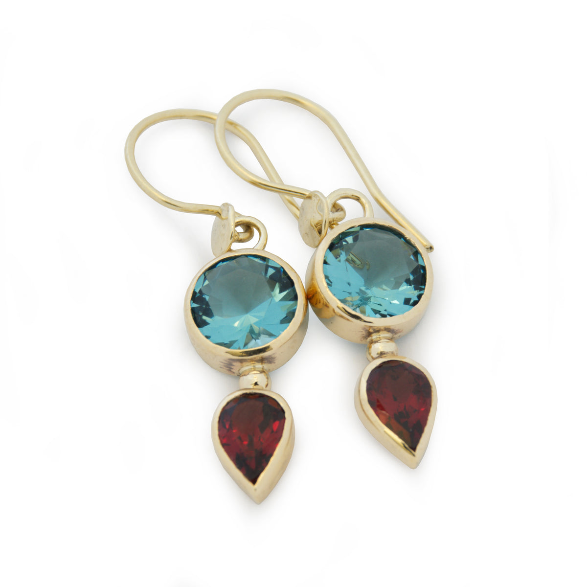 EG2233 Gold drop earrings with Blue Topaz and Garnet