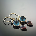 EG2233 Gold drop earrings with Blue Topaz and Garnet