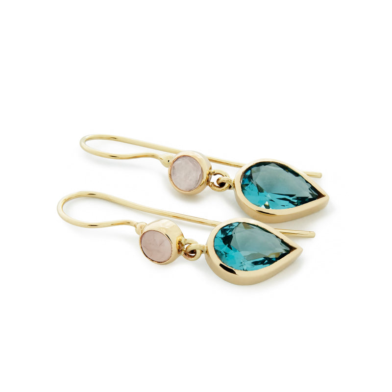 EG2240A Gold Teardrop Earrings with Blue Topaz and Rose Quartz