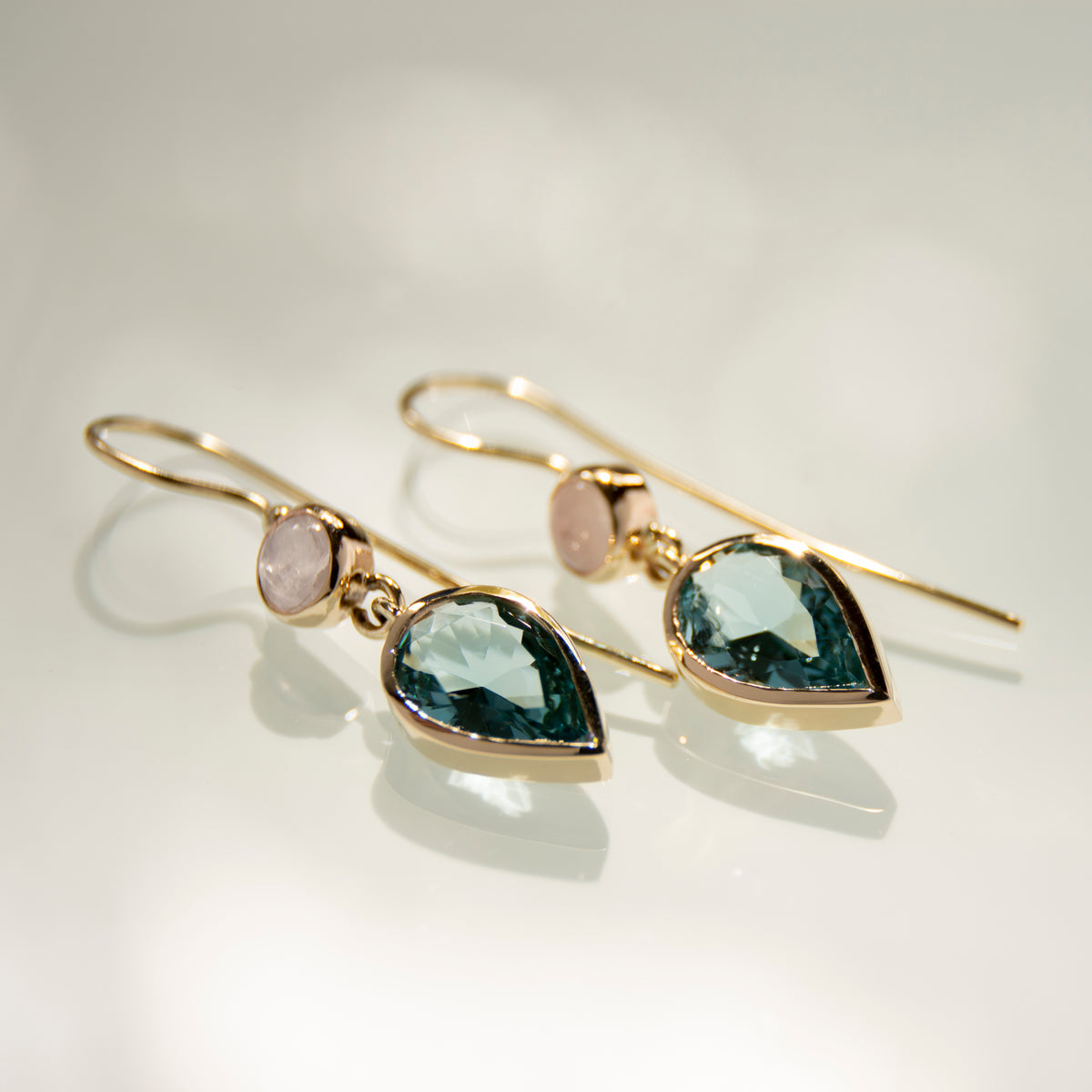 EG2240A Gold Teardrop Earrings with Blue Topaz and Rose Quartz