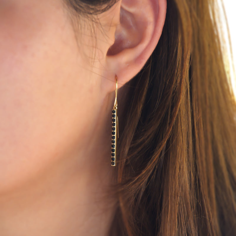 EG2242 Gold Long Bar Earrings with Black Onyx